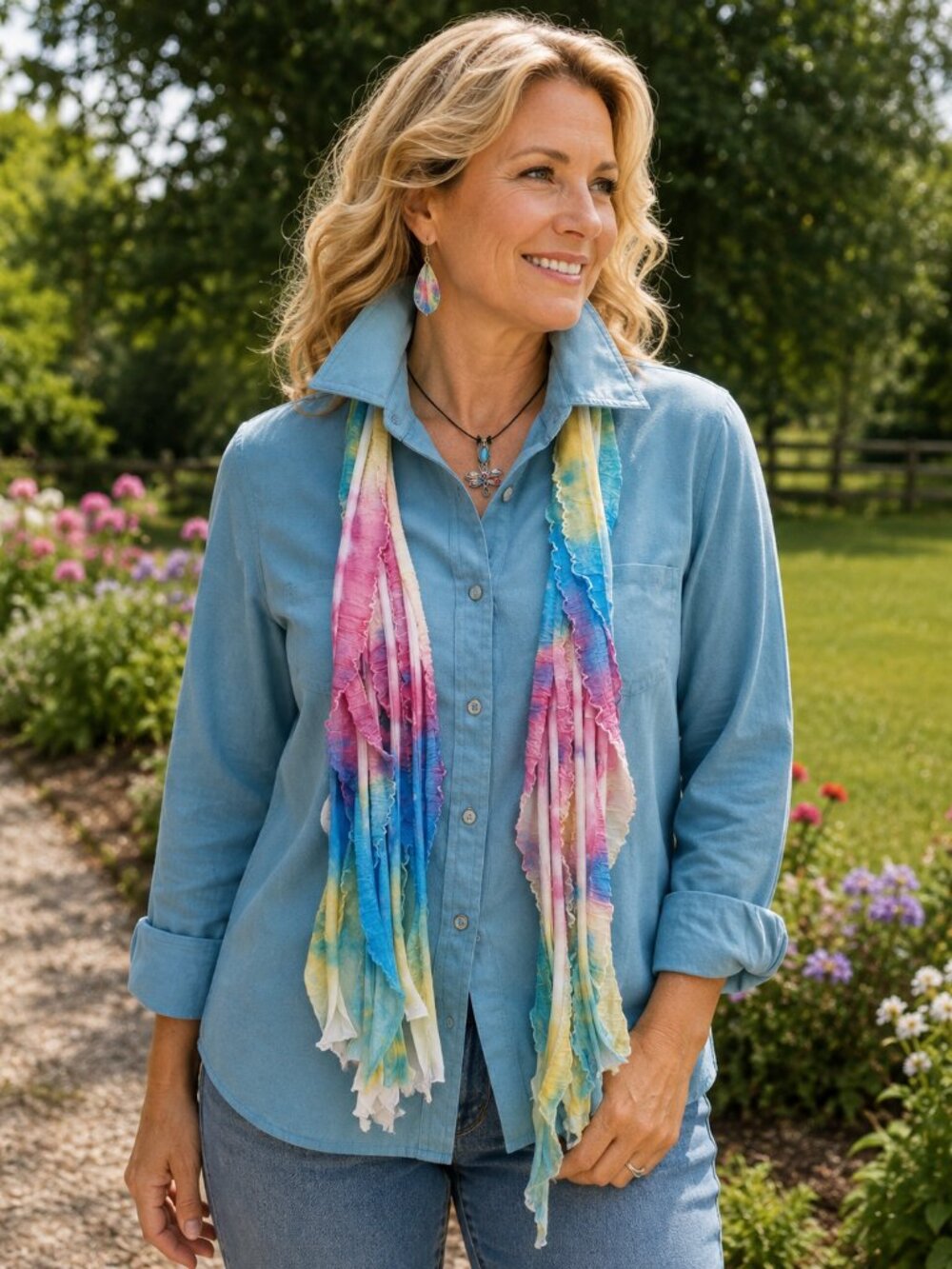 Turquoise Pink Yellow Flutter Scarf Lightweight Women Accessory